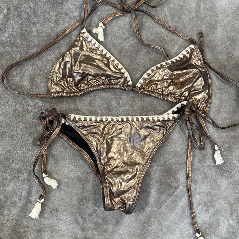 Brown and White Bikini with Playful Pom-Pom Details